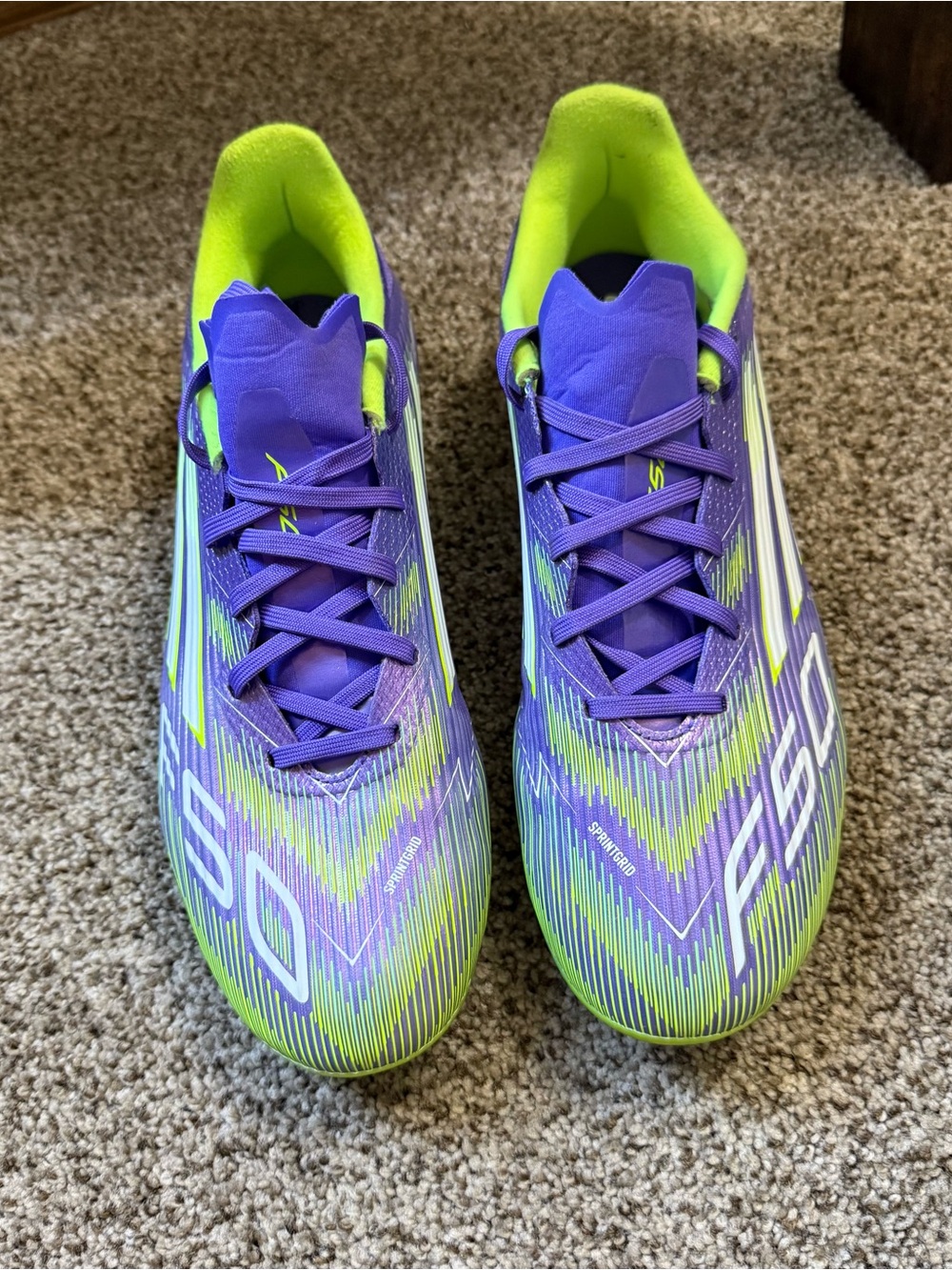 adidas Men’s Purple & Neon Green Athletic Shoes f50 soccer shoes